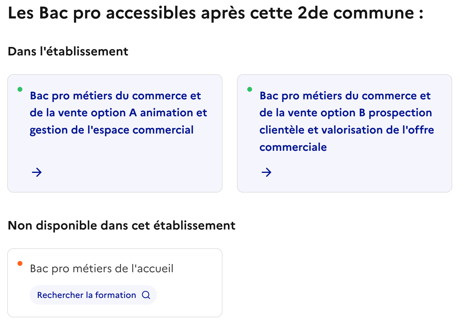 Familles de métiers, liste des bacs pro