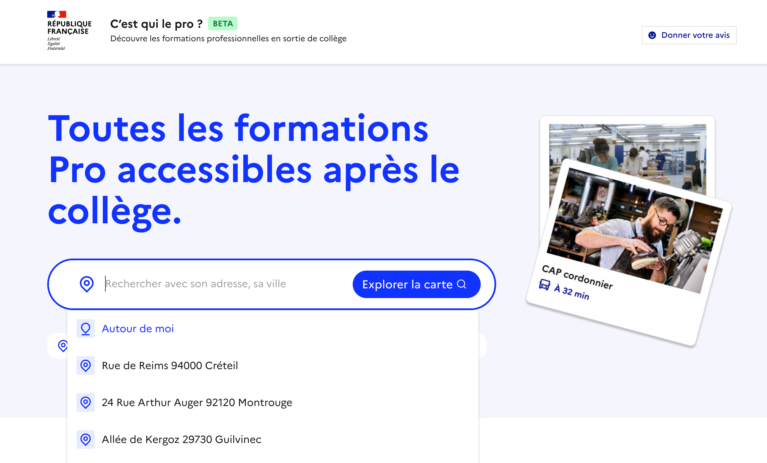Renseigner une adresse depuis l'accueil